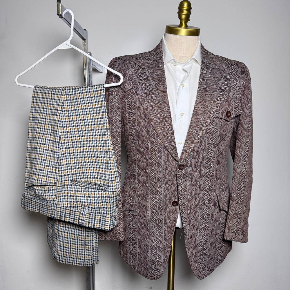 Brookfield Vintage 2-Piece Suit Mens 38R 33W Brown Geometric Houndstooth Disco
